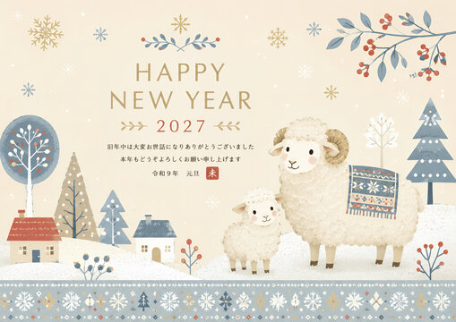 北欧風ひつじ親子の年賀状デザイン