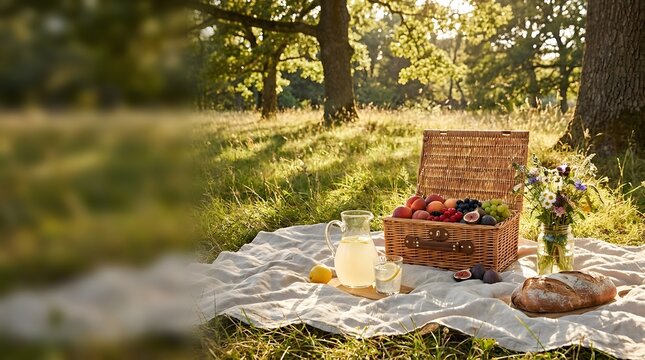 Wicker picnic basket with fresh fruit and lemonade on a blanket in a sunny green park during summer