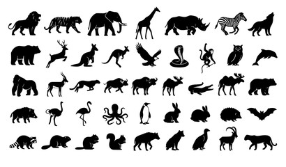 Obraz premium Wild Animals Silhouette Set – Black Wildlife Vector Collection