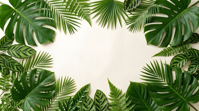 Frame of various green tropical palm and monstera leaves arranged in a natural border style for summer design projects and botanical decoration