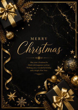 ブラック＆ゴールドの高級感あるクリスマスカードデザイン 縦背景
