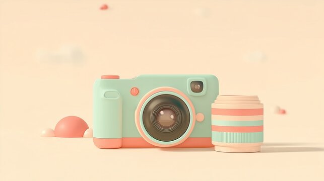 Pastel Mint Green Retro Camera and Striped Film Canister on Beige Background