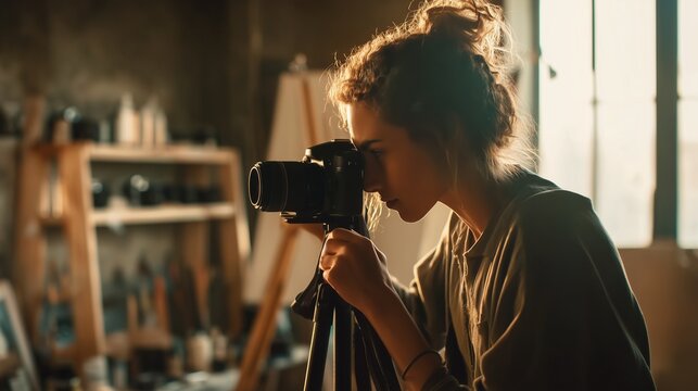 Woman photographer using a camera on a tripod in a sunlit art studio