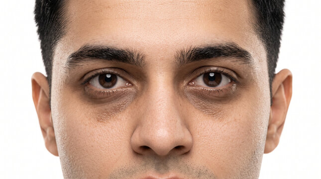 Young fair Indian man with severe dark circles and tired eyes in extreme close up for men's skincare dermatology wellness and healthcare advertising