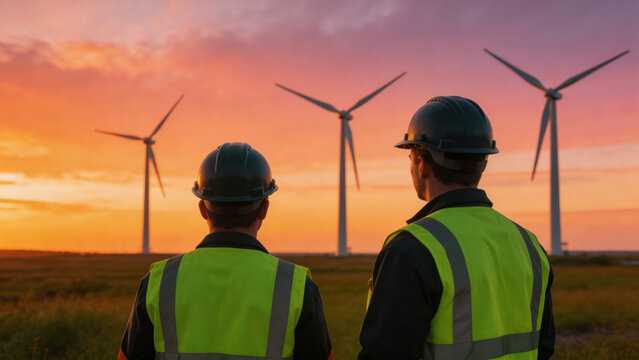 Wind Farm Engineers Observing Turbines at Sunset