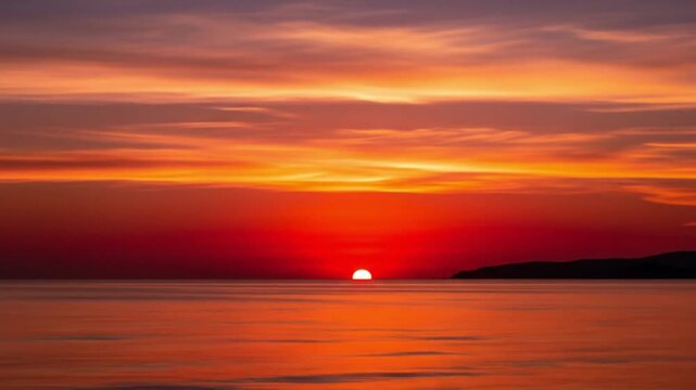 A vibrant sunset casts warm reflections over a calm ocean surface with a partially obscured sun.