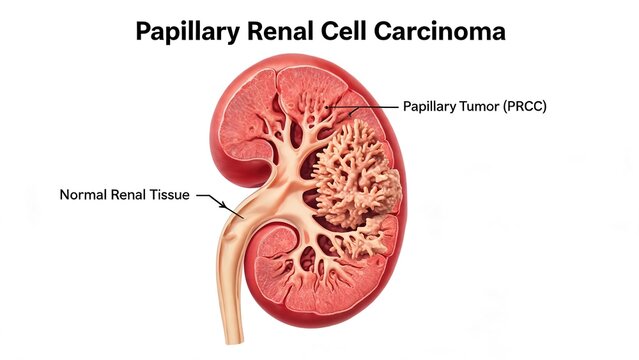 Papillary renal cell carcinoma 3D anatomy diagram, papillary tumor inside human kidney