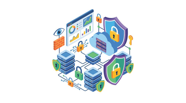 Isometric Cybersecurity Concept with Shield and Server Protection