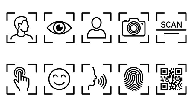 Biometric identification line icons set, facial recognition and security scanning symbols, 10 digital verification vector elements