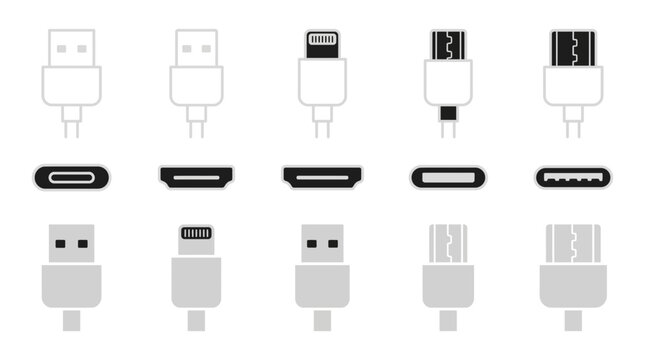 USB cable connector icon set, universal computer port interface symbols, electronic charger plug vector collection
