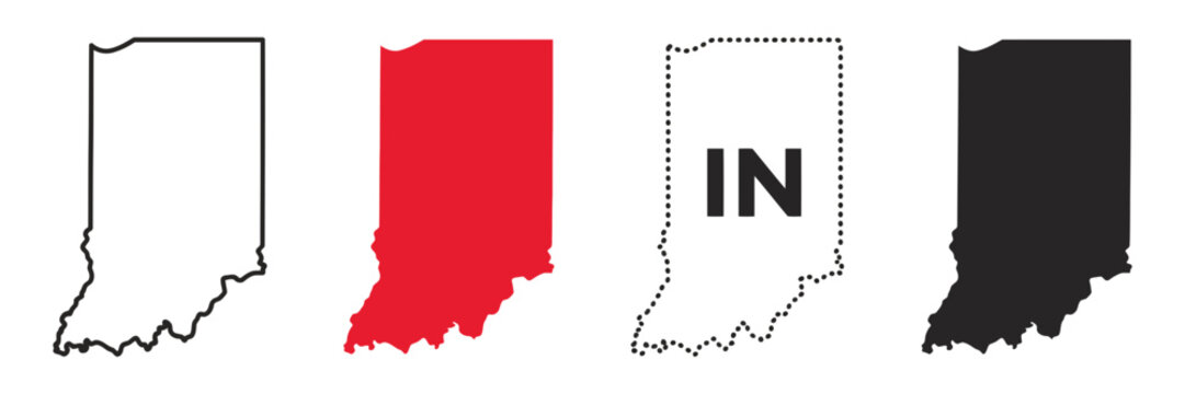 Indiana state map silhouette set, 4 vector icons of Indiana borders, red and black US state outlines for infographics
