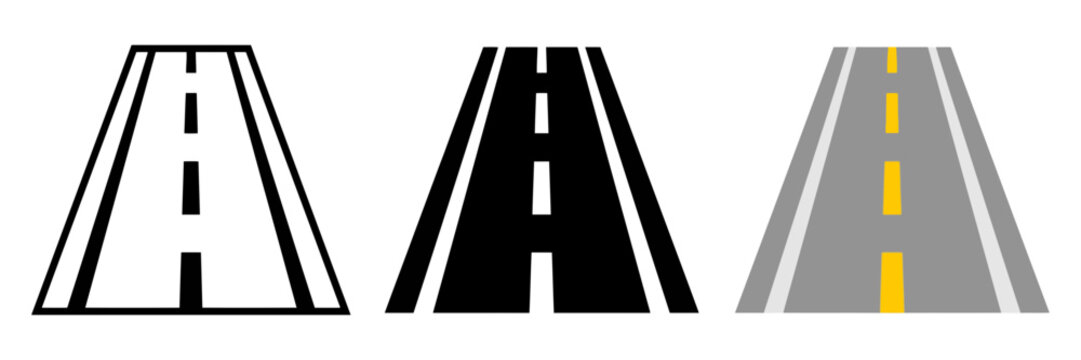Road icon set with perspective highway symbols, asphalt street vector graphics, 3 flat transportation icons for maps and navigation