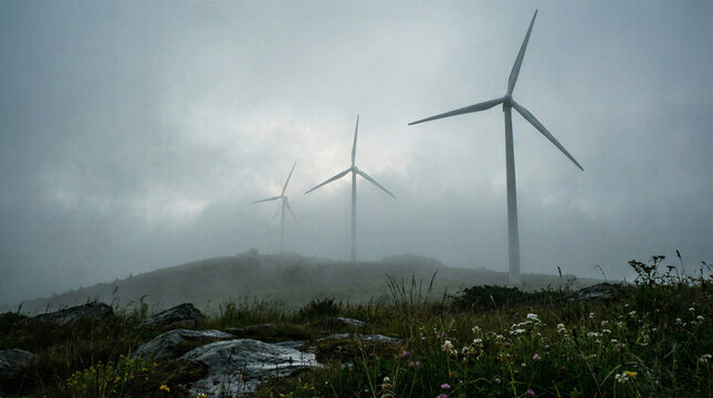 Wind Turbines in Dense Fog on Mountain Ridge