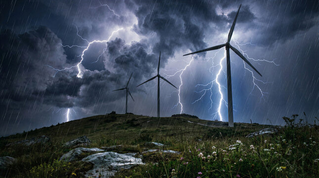 Wind Farm in Severe Thunderstorm With Lightning