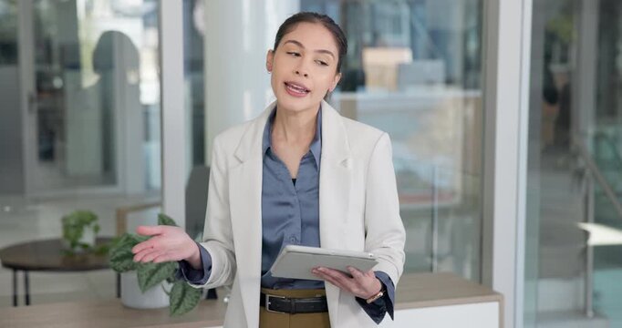 Presentation, tablet and woman in meeting for feedback, finance review and kpi report. Workshop, startup and business speaker with tech for online research, strategy and planning for collaboration