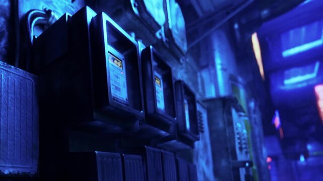 Old electric meters are mounted on the wall in a dimly lit hallway. The blue light creates shadows around the meters. The scene shows a sense of age and neglect in this urban area.