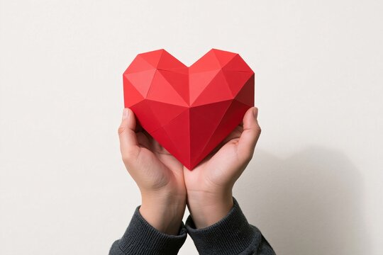 Heart held in hands as a red low poly paper craft symbol of love and support