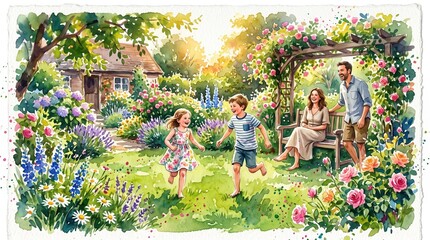 Fototapeta premium Watercolor painting shows children running while parents watch in a flower garden. Captures joy and summer leisure. Perfect for family lifestyle or home decor content.