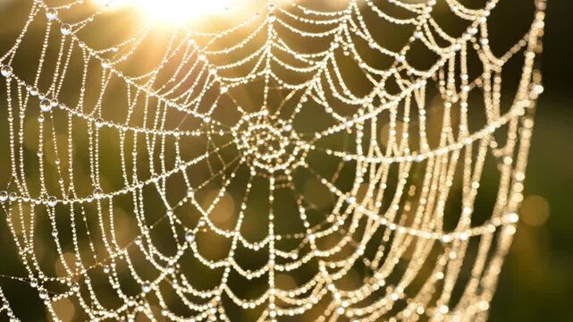 Golden spider web with intricate radial pattern in warm natural light