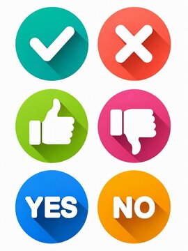 Set of six colorful approval and disapproval icons with checkmark, cross, thumbs up, thumbs down, yes and no