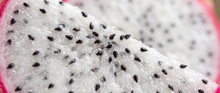 Macro view of sliced dragon fruit showing white juicy pulp filled with small black crunchy seeds and vibrant pink skin for healthy snack