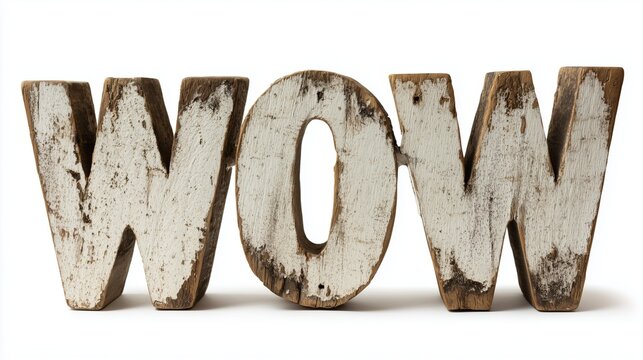 Rustic sign with WOW text isolated on white background