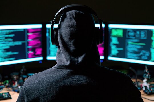 Hacker in a hoodie using technology for cybersecurity coding on dark computer screens