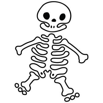 Cute skeleton line art cartoon skull and bones spooky halloween outline graphic icon