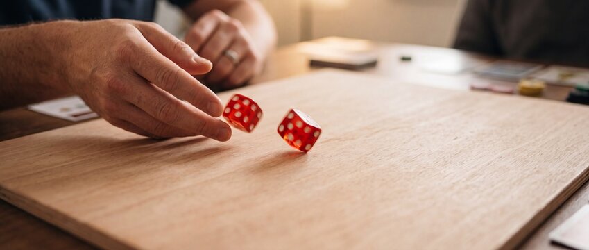 Person rolling dice during board game on wooden table for recreation and fun activity
