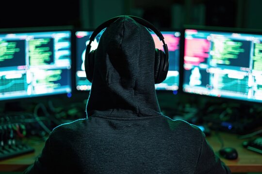 Hacker in a hoodie working on digital coding and security to commit cybercrime