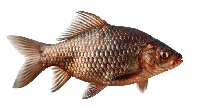 Side profile of a common carp fish with golden scales on white background