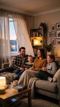 Parents and two children laughing together while sitting on a sofa in a cozy living room at dusk, representing family bonding and domestic lifestyle at home.