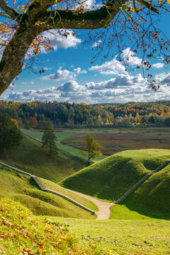 Autumn landscape with grassy hills at Kernave, Lithuania