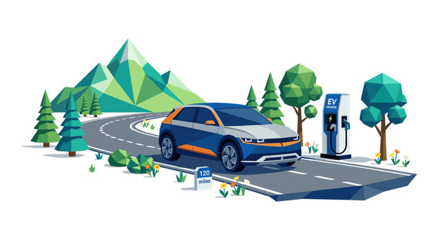 Modern electric SUV driving on a mountain road toward a charging station in a low poly vector illustration