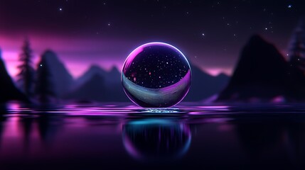 Orb reflects starry night. Mountains and trees silhouetted against a glowing, violet horizon