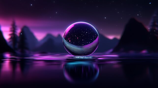 Orb reflects starry night. Mountains and trees silhouetted against a glowing, violet horizon