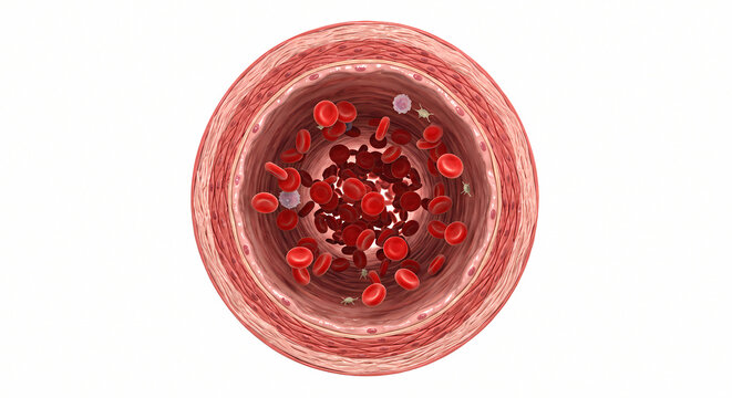 Cross section view of an artery showing blood cells flowing inside the lumen