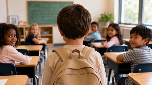 Shy New First Grade Student with Backpack Entering Elementary School Classroom on First Day and Meeting New Classmates
