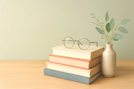 Eyeglasses on a book and a flower vase on a work desk.