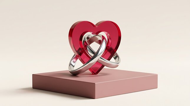 Shiny interlocking rings surrounding red glass heart shape on minimalist square platform base.
