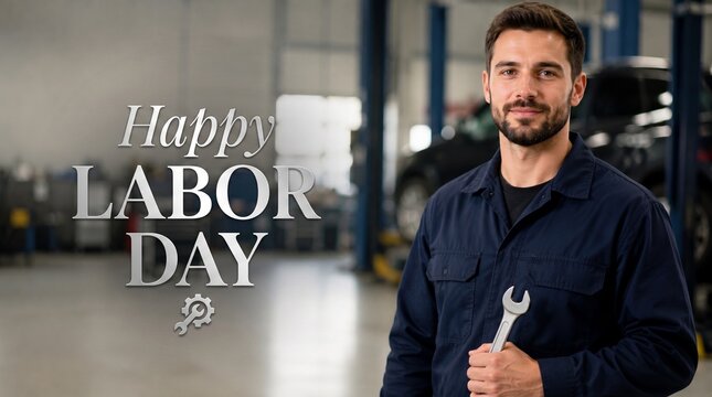 Happy Labor Day greeting poster with a smiling auto mechanic holding a wrench in a repair shop