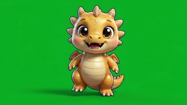 Adorable baby dragon character on green screen for animation and fantasy projects, charming fantasy creature illustration for children's stories