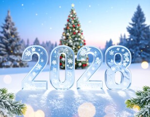 2028 Nowy Rok, lodowy napis na śniegu, w tle choinka, śnieg i bokeh. Szczęśliwego Nowego Roku. Kartka świąteczna z życzeniami. © Anita