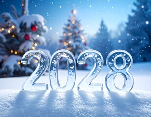 2028 Nowy Rok, lodowy napis na śniegu, w tle choinka, śnieg i bokeh. Szczęśliwego Nowego Roku. Kartka świąteczna z życzeniami. © Anita