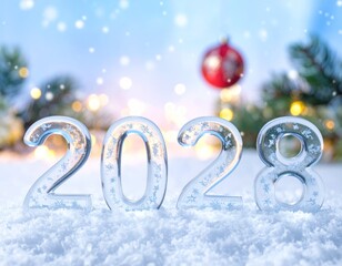2028 Nowy Rok, lodowy napis na śniegu, w tle choinka, śnieg i bokeh. Szczęśliwego Nowego Roku. Kartka świąteczna z życzeniami. © Anita