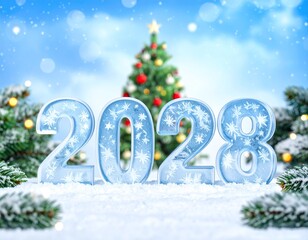 Fototapeta na wymiar 2028 Nowy Rok, lodowy napis na śniegu, w tle choinka, śnieg i bokeh. Szczęśliwego Nowego Roku. Kartka świąteczna z życzeniami. 
