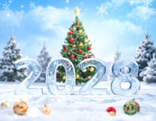 2028 Nowy Rok, lodowy napis na śniegu, w tle choinka, śnieg i bokeh. Szczęśliwego Nowego Roku. Kartka świąteczna z życzeniami.  © Anita