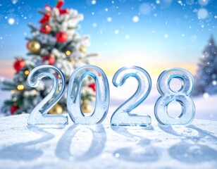 2028 Nowy Rok, lodowy napis na śniegu, w tle choinka, śnieg i bokeh. Szczęśliwego Nowego Roku. Kartka świąteczna z życzeniami. © Anita