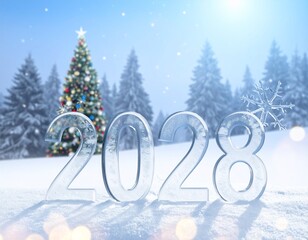 2028 Nowy Rok, lodowy napis na śniegu, w tle choinka, śnieg i bokeh. Szczęśliwego Nowego Roku. Kartka świąteczna z życzeniami.  © Anita