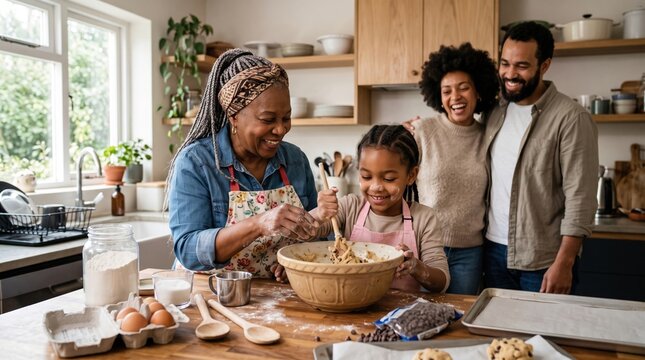 Happy multi-generational African American family baking cookies together in a bright modern kitchen, focusing on grandmother and granddaughter mixing dough.